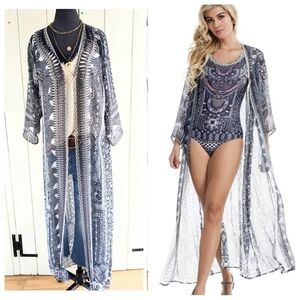 🌴La Moda Elegant Blue Patterned Swim Cover-Up/Duster One Size